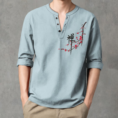Buddha Stones Cotton Zen Plum Blossom Pattern V-Neck Buttons Men's Long Sleeve Shirts - image 8