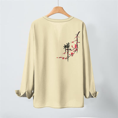 Buddha Stones Cotton Zen Plum Blossom Pattern V-Neck Buttons Men's Long Sleeve Shirts - image 17