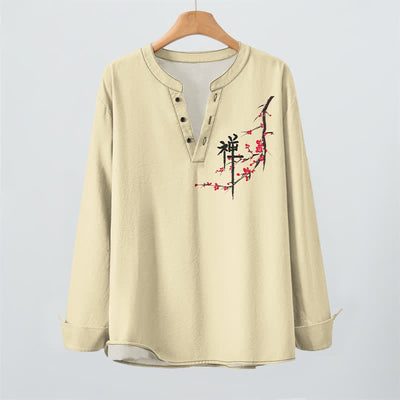 Buddha Stones Cotton Zen Plum Blossom Pattern V-Neck Buttons Men's Long Sleeve Shirts - image 16