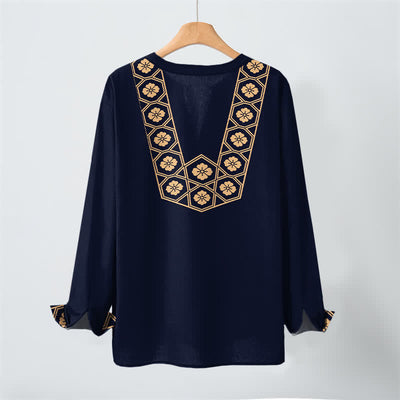 Buddha Stones Cotton Ethnic Flower Grid Pattern V-Neck Buttons Men's Long Sleeve Shirts - image 2