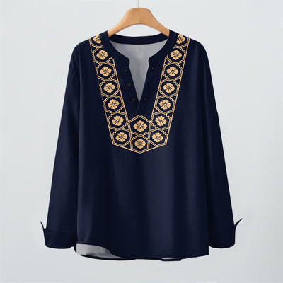 Buddha Stones Cotton Ethnic Flower Grid Pattern V-Neck Buttons Men's Long Sleeve Shirts - image 3