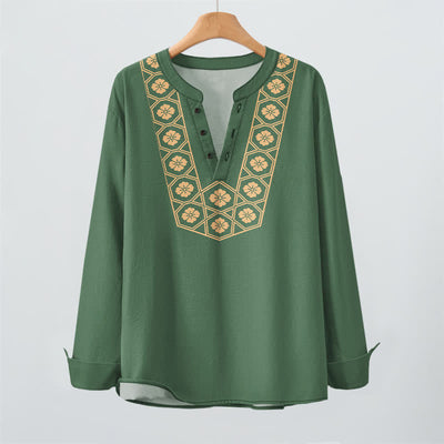 Buddha Stones Cotton Ethnic Flower Grid Pattern V-Neck Buttons Men's Long Sleeve Shirts - image 9