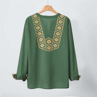 Buddha Stones Cotton Ethnic Flower Grid Pattern V-Neck Buttons Men's Long Sleeve Shirts - image 10