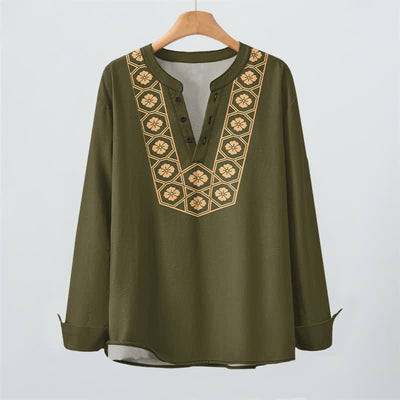Buddha Stones Cotton Ethnic Flower Grid Pattern V-Neck Buttons Men's Long Sleeve Shirts - image 16