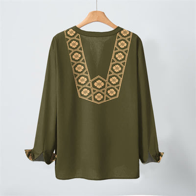 Buddha Stones Cotton Ethnic Flower Grid Pattern V-Neck Buttons Men's Long Sleeve Shirts - image 17