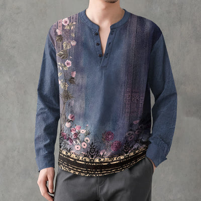 Buddha Stones Cotton Vintage Floral Vine Pattern V-Neck Buttons Men's Long Sleeve Shirts - SteelBlue - US/UK/AU48，EU58 (4XL) - image 7