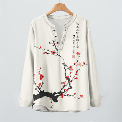 Buddha Stones Cotton Ink Red Plum Blossom Pattern V-Neck Buttons Men's Long Sleeve Shirts - image 2