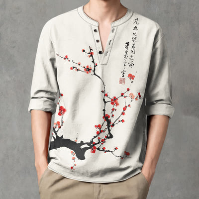 Buddha Stones Cotton Ink Red Plum Blossom Pattern V-Neck Buttons Men's Long Sleeve Shirts - image 1
