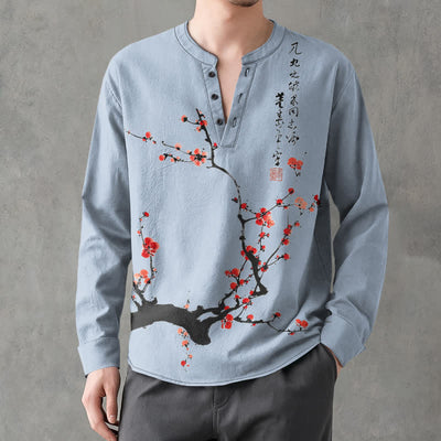 Buddha Stones Cotton Ink Red Plum Blossom Pattern V-Neck Buttons Men's Long Sleeve Shirts - LightSteelBlue - US/UK/AU48，EU58 (4XL) - image 14