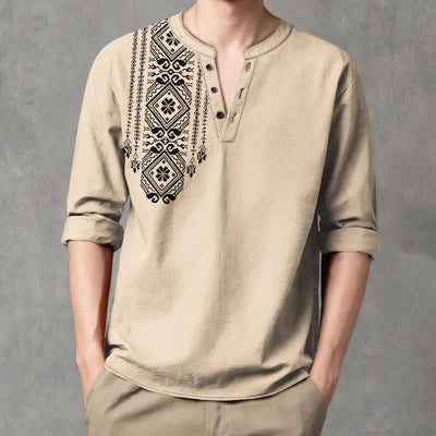 Buddha Stones Cotton Bohemian Square Geometric Pattern V-Neck Buttons Men's Long Sleeve Shirts - Beige - US/UK/AU48，EU58 (4XL) - image 0