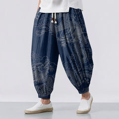 Buddha Stones Pure Cotton Dragon Auspicious Clouds Pattern Drawstring Men's Harem Pants With Pockets - Navy - US/UK/AU50，EU60 (5XL) - image 0