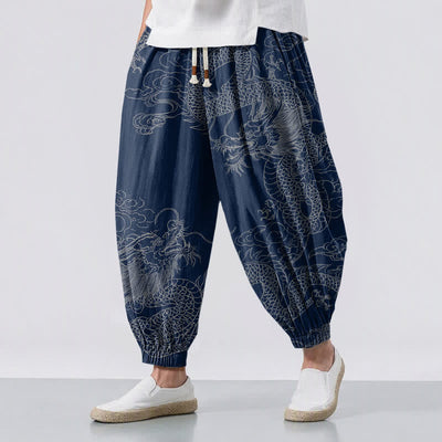 Buddha Stones Pure Cotton Dragon Auspicious Clouds Pattern Drawstring Men's Harem Pants With Pockets - Navy - US/UK/AU50，EU60 (5XL) - image 0