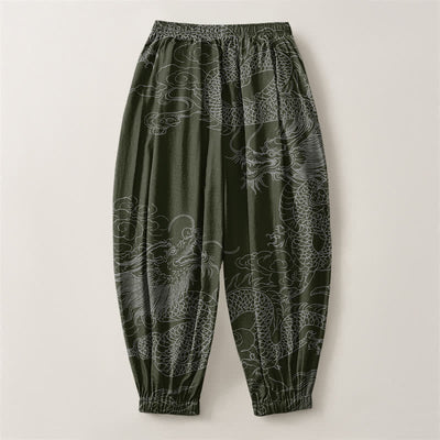 Buddha Stones Pure Cotton Dragon Auspicious Clouds Pattern Drawstring Men's Harem Pants With Pockets - image 8