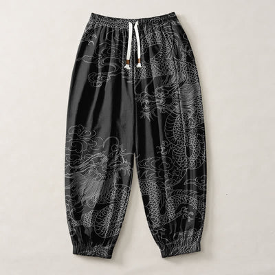 Buddha Stones Pure Cotton Dragon Auspicious Clouds Pattern Drawstring Men's Harem Pants With Pockets - image 13