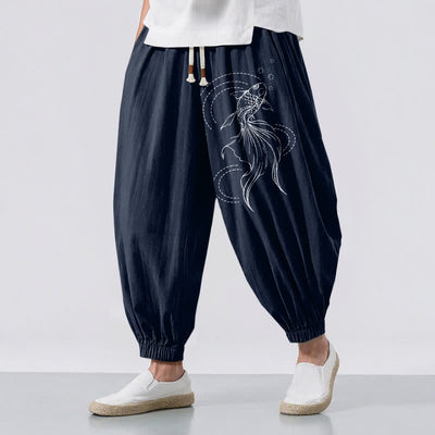 Buddha Stones Pure Cotton Koi Fish Pattern Drawstring Men's Harem Pants With Pockets - Navy - US/UK/AU50，EU60 (5XL) - image 0