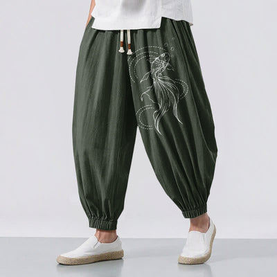 Buddha Stones Pure Cotton Koi Fish Pattern Drawstring Men's Harem Pants With Pockets - DarkGreen - US/UK/AU50，EU60 (5XL) - image 6