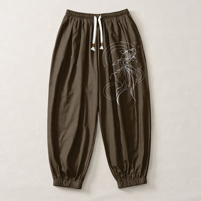 Buddha Stones Pure Cotton Koi Fish Pattern Drawstring Men's Harem Pants With Pockets - image 13