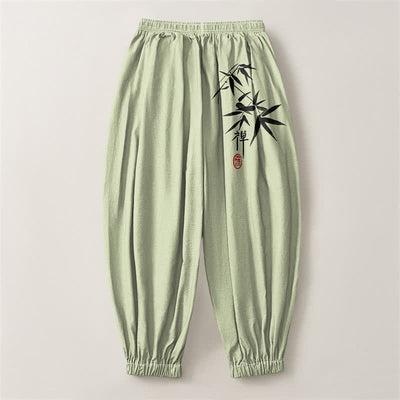 Buddha Stones Pure Cotton Ink Bamboo Pattern Drawstring Men's Harem Pants With Pockets - image 8
