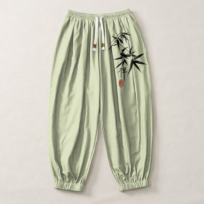 Buddha Stones Pure Cotton Ink Bamboo Pattern Drawstring Men's Harem Pants With Pockets - image 7