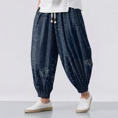 Buddha Stones Pure Cotton Geometric Wave Pattern Drawstring Men's Harem Pants With Pockets - Navy - US/UK/AU50，EU60 (5XL) - image 0