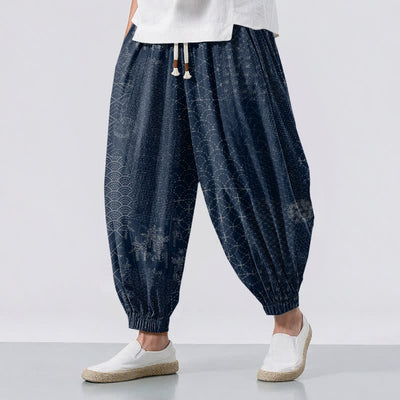 Buddha Stones Pure Cotton Geometric Wave Pattern Drawstring Men's Harem Pants With Pockets - Navy - US/UK/AU50，EU60 (5XL) - image 0