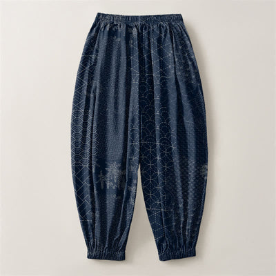 Buddha Stones Pure Cotton Geometric Wave Pattern Drawstring Men's Harem Pants With Pockets - image 2