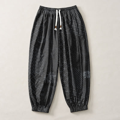 Buddha Stones Pure Cotton Geometric Wave Pattern Drawstring Men's Harem Pants With Pockets - image 13