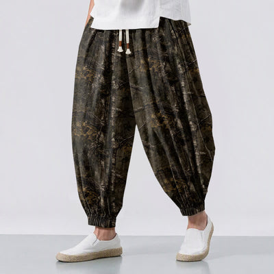Buddha Stones Pure Cotton Marble Camo Pattern Drawstring Men's Harem Pants With Pockets - SaddleBrown - US/UK/AU50，EU60 (5XL) - image 0