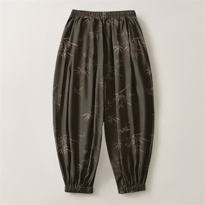 Buddha Stones Pure Cotton Bamboo Leaf Pattern Drawstring Men's Harem Pants With Pockets - image 2