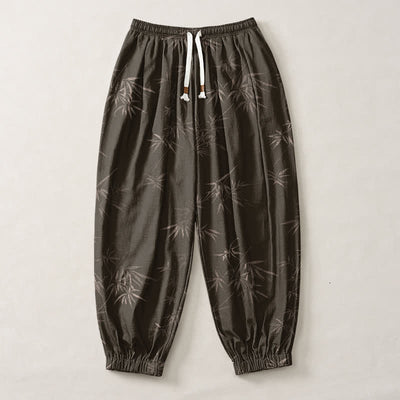Buddha Stones Pure Cotton Bamboo Leaf Pattern Drawstring Men's Harem Pants With Pockets - image 1