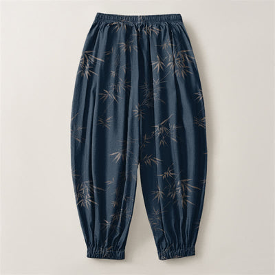Buddha Stones Pure Cotton Bamboo Leaf Pattern Drawstring Men's Harem Pants With Pockets - image 8