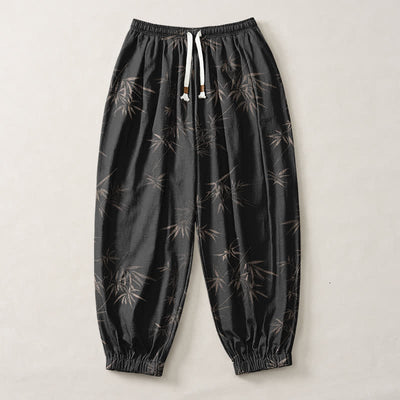 Buddha Stones Pure Cotton Bamboo Leaf Pattern Drawstring Men's Harem Pants With Pockets - image 13