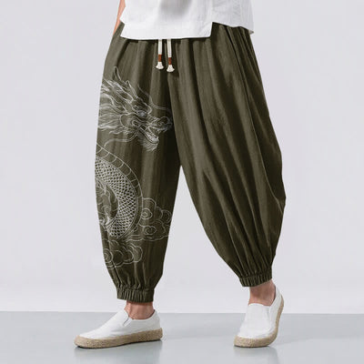 Buddha Stones Pure Cotton White Dragon Clouds Pattern Drawstring Men's Harem Pants With Pockets - DarkOliveGreen - US/UK/AU50，EU60 (5XL) - image 0