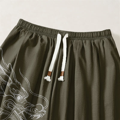 Buddha Stones Pure Cotton White Dragon Clouds Pattern Drawstring Men's Harem Pants With Pockets - image 3