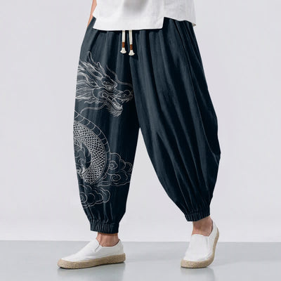 Buddha Stones Pure Cotton White Dragon Clouds Pattern Drawstring Men's Harem Pants With Pockets - Navy - US/UK/AU50，EU60 (5XL) - image 6