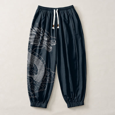 Buddha Stones Pure Cotton White Dragon Clouds Pattern Drawstring Men's Harem Pants With Pockets - image 7
