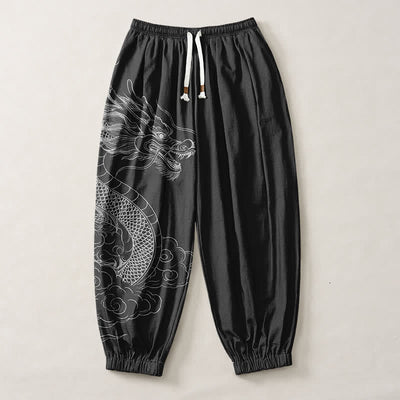 Buddha Stones Pure Cotton White Dragon Clouds Pattern Drawstring Men's Harem Pants With Pockets - image 13