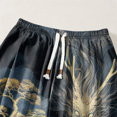 Buddha Stones Pure Cotton Golden Dragon Landscape Pattern Drawstring Men's Harem Pants With Pockets - image 3