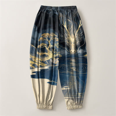 Buddha Stones Pure Cotton Golden Dragon Landscape Pattern Drawstring Men's Harem Pants With Pockets - image 2