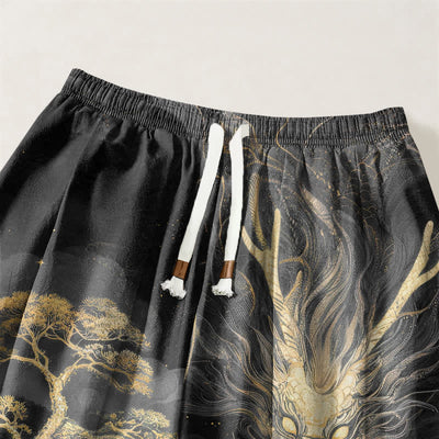 Buddha Stones Pure Cotton Golden Dragon Landscape Pattern Drawstring Men's Harem Pants With Pockets - image 9