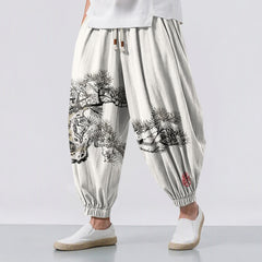 Buddha Stones Pure Cotton Ink Pine Tree Pattern Drawstring Men's Harem Pants With Pockets - Ivory - US/UK/AU50，EU60 (5XL) - image 0