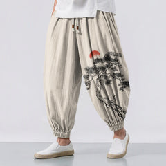 Buddha Stones Pure Cotton Ink Pine Tree Sun Pattern Drawstring Men's Harem Pants With Pockets - Linen - US/UK/AU50，EU60 (5XL) - image 0