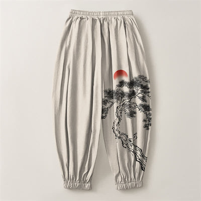 Buddha Stones Pure Cotton Ink Pine Tree Sun Pattern Drawstring Men's Harem Pants With Pockets - image 2