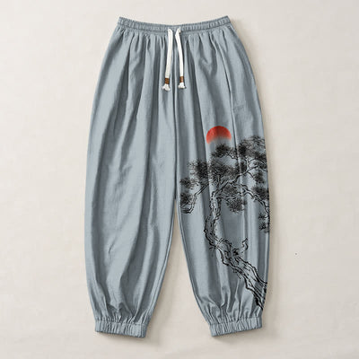 Buddha Stones Pure Cotton Ink Pine Tree Sun Pattern Drawstring Men's Harem Pants With Pockets - image 7