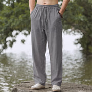Foviel Spring Summer Classic Minimalist Drawstring Solid Long Pants Men's Straight Leg Pants With Pockets