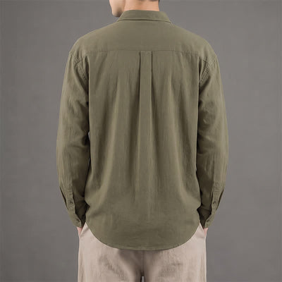 Buddha Stones Spring Fall Casual Button-Up Solid Cotton Men's Long Sleeve Shirts With Patch Pocket - image 1