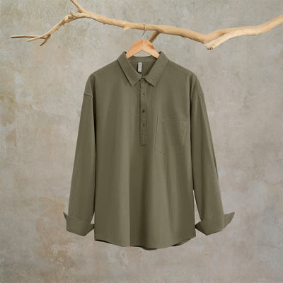 Buddha Stones Spring Fall Casual Button-Up Solid Cotton Men's Long Sleeve Shirts With Patch Pocket - image 2