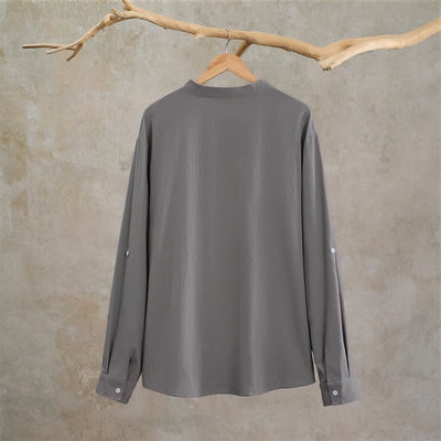 Buddha Stones Spring Fall Casual Tang Style Mandarin Collar Solid Men's Long Sleeve Shirts With Patch Pocket - image 23