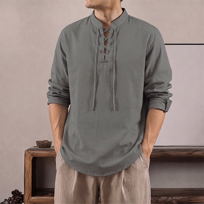 Buddha Stones Spring Fall Casual Tang Style Drawstring Solid Cotton Linen Men's Long Sleeve Shirts - Gray - US/UK/AU42, EU52 (3XL) - image 6