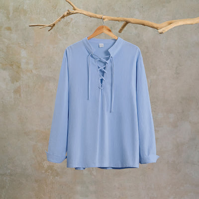 Buddha Stones Spring Fall Casual Tang Style Drawstring Solid Cotton Linen Men's Long Sleeve Shirts - image 15